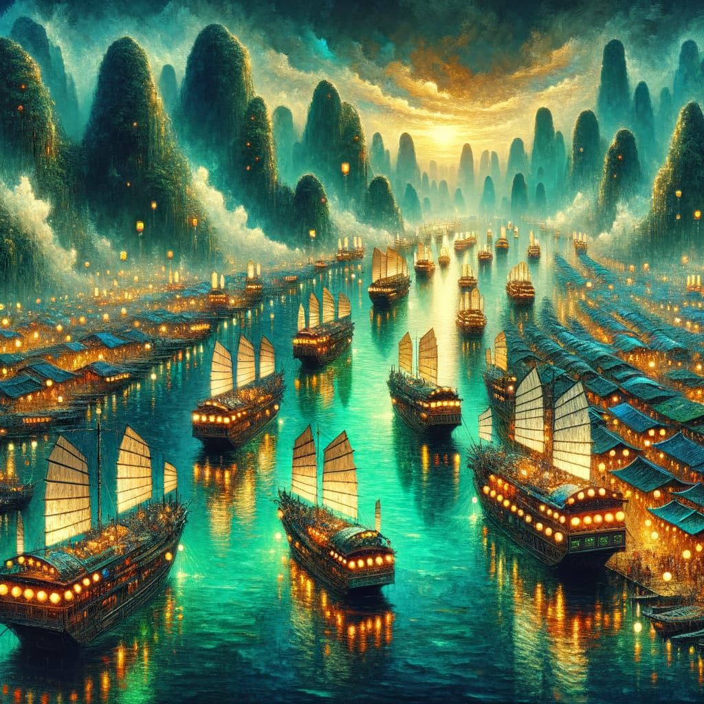 Lantern-Lit Chinese Harbor with Junk Ships