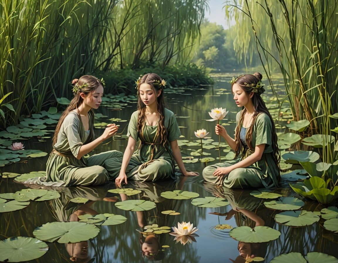 Nymphs in Water with Willow and Lotus