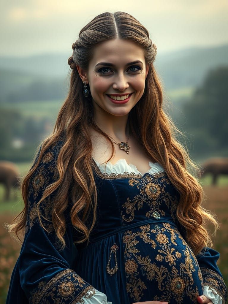 Pregnant Tudor Queen Adorned in Lavish Blue Velvet Gown