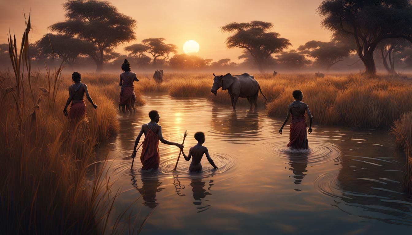 African Family Crossing River: Detailed Matte Painting