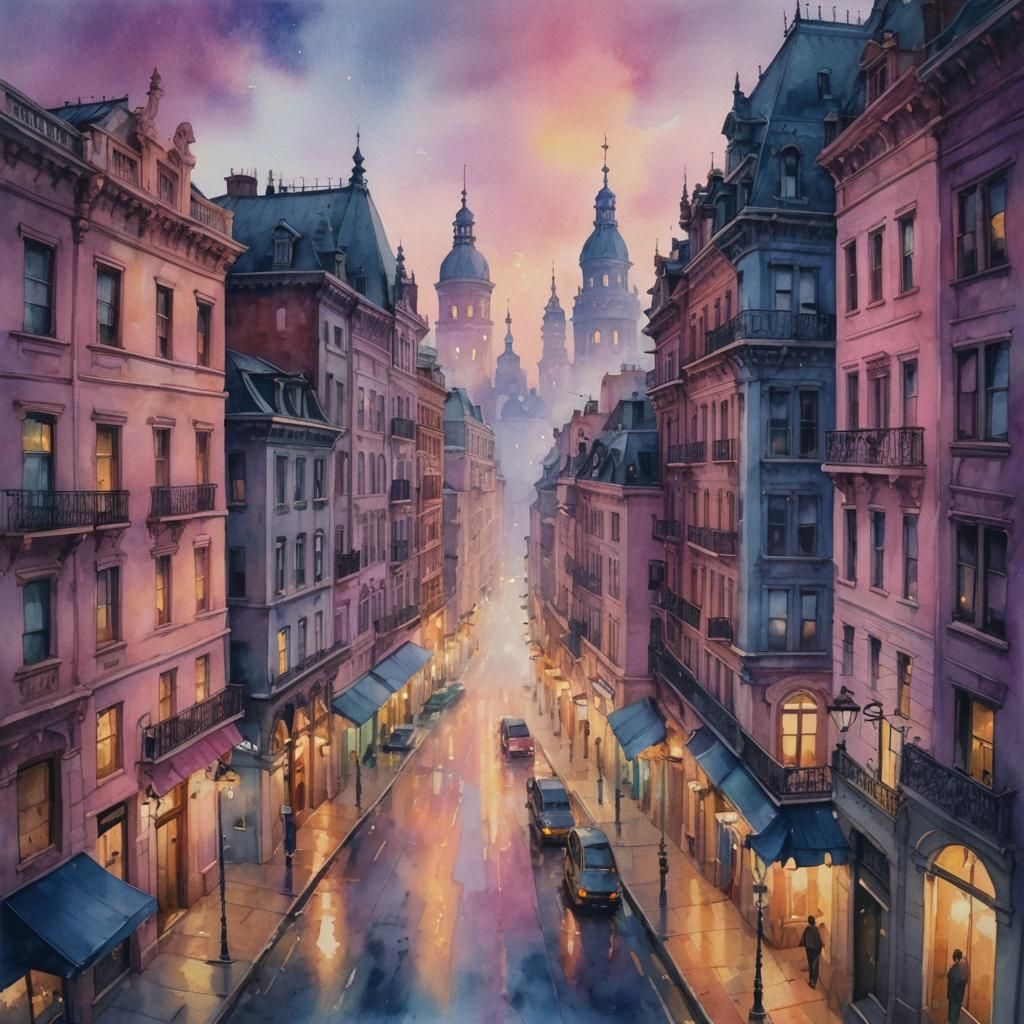 Pastel Watercolor Cityscape at Dusk