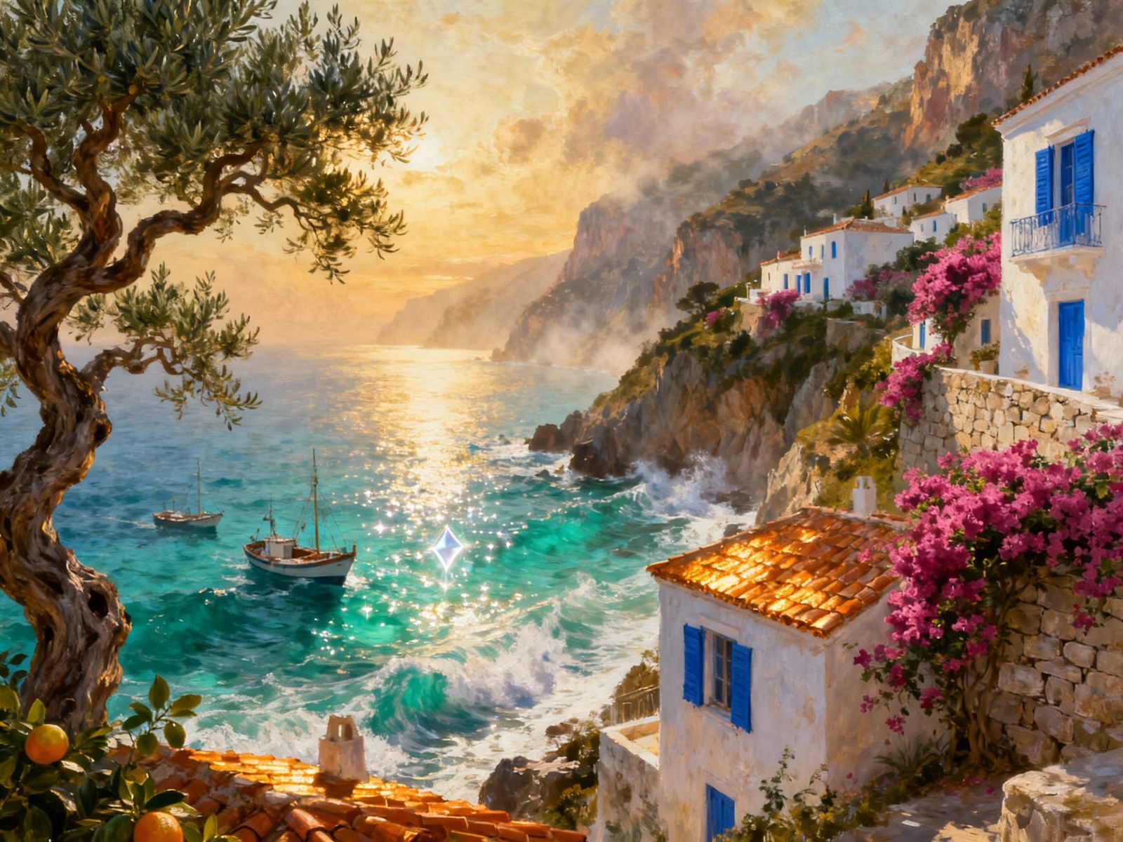 Golden Hour Mediterranean Coastline Digital Matte Painting