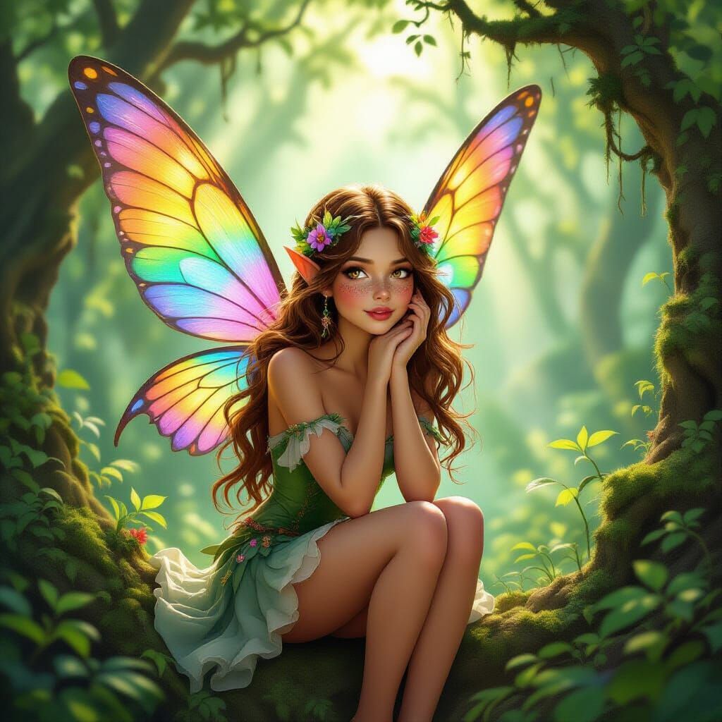 Enchanting Fairy with Rainbow Wings in Ancient Forest