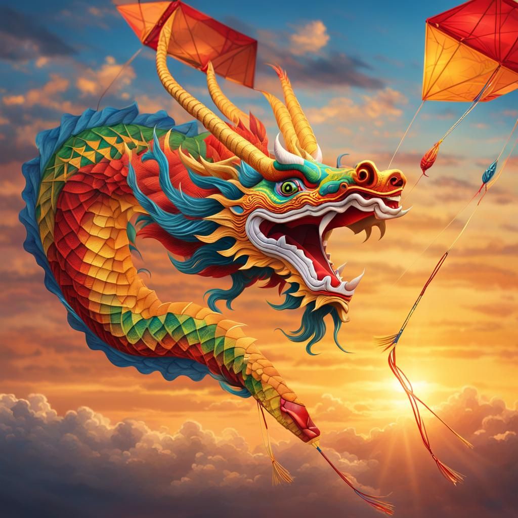 Chinese Dragon Kite at Sunset: Hyperrealistic Splash Art