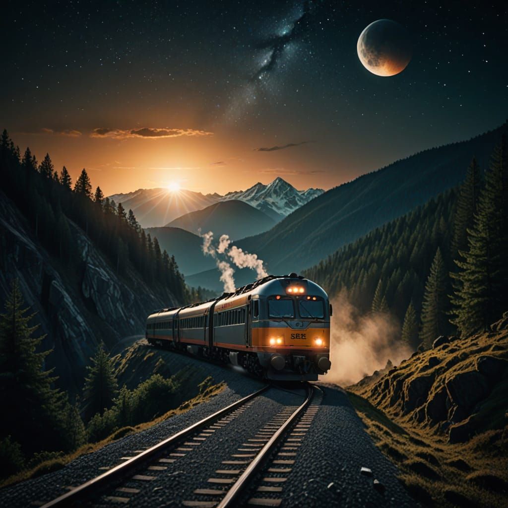 Futuristic Lunar Train Speeds Toward Epic Landscape