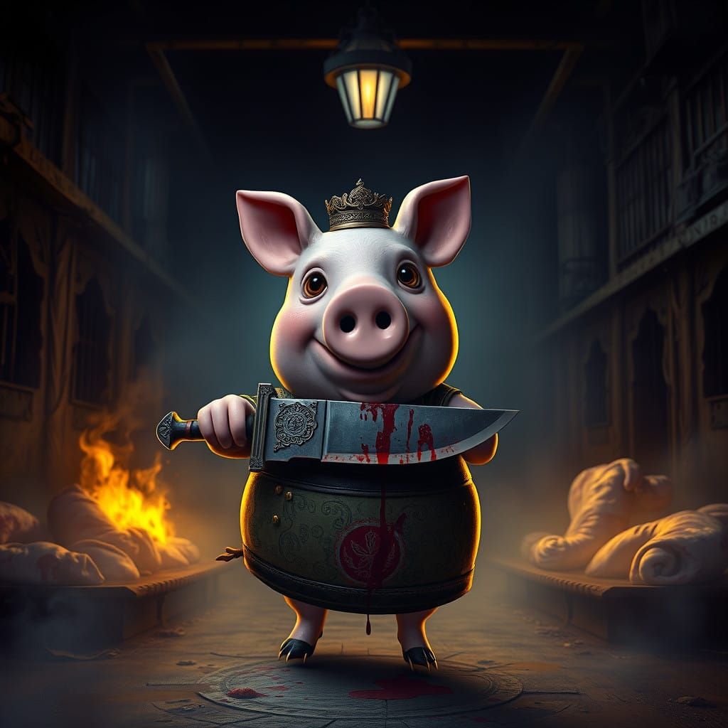 Gothic Pepa Pig as a Dark Victorian-Era Butcher in 8K Resolu...