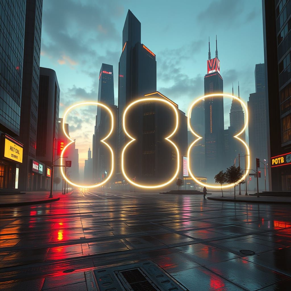 Sleek Futuristic Cityscape with Glowing Numeral 888