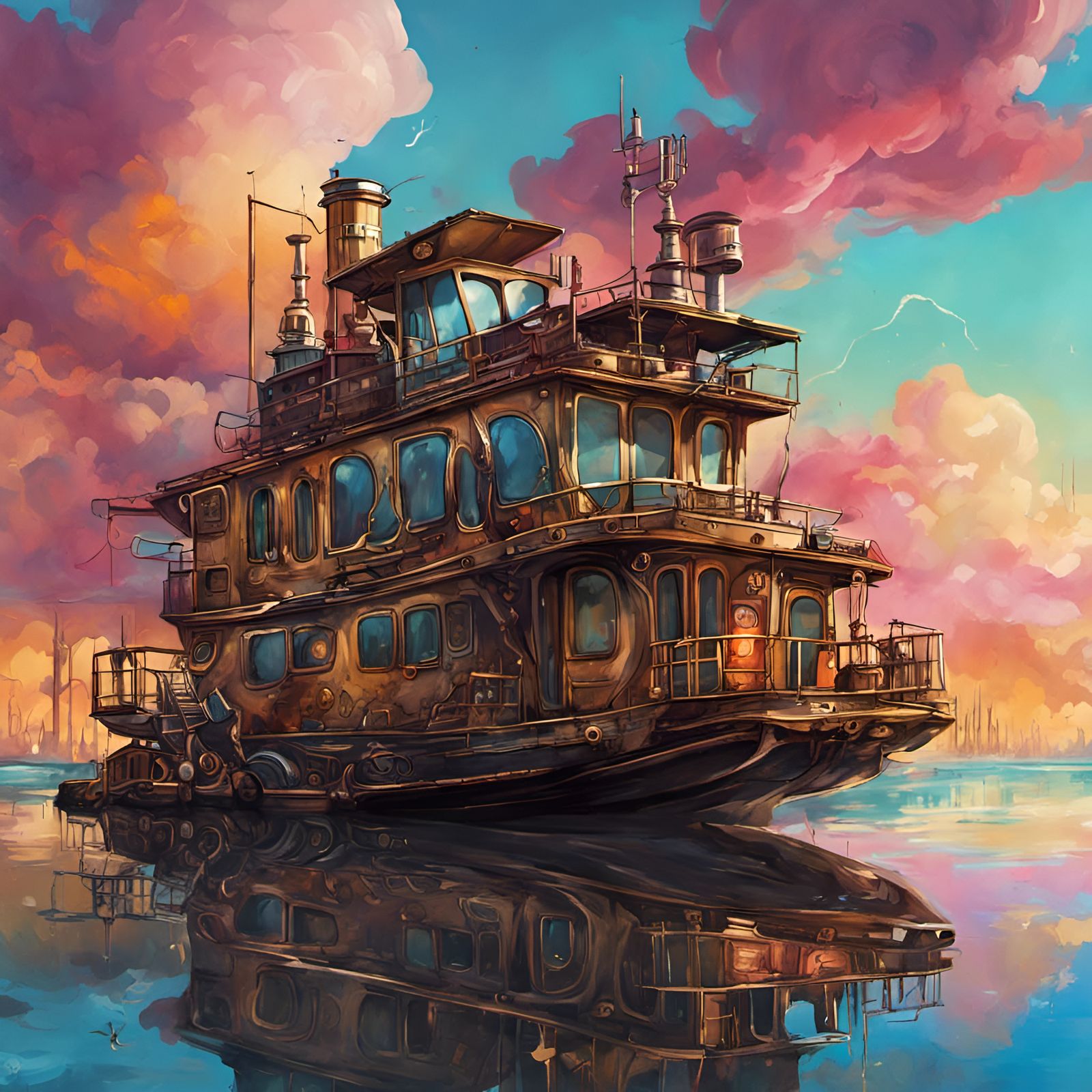 Steampunk Houseboat on Serene Lake: Graffiti Art