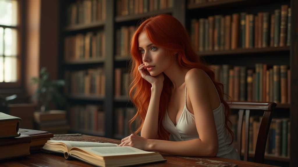 Elegant Redhead in a Classic Library Setting