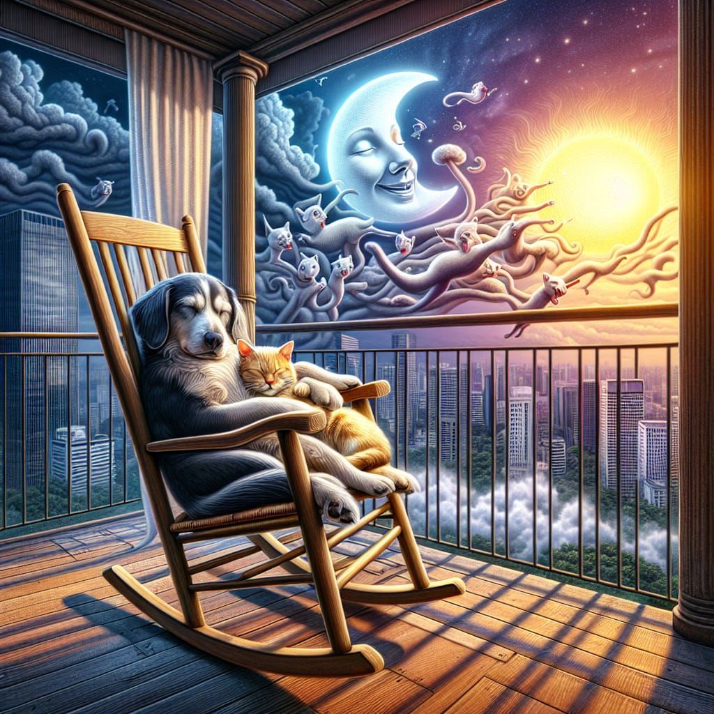 Dog and Cat Sleeping at Twilight, Hyperrealistic Image