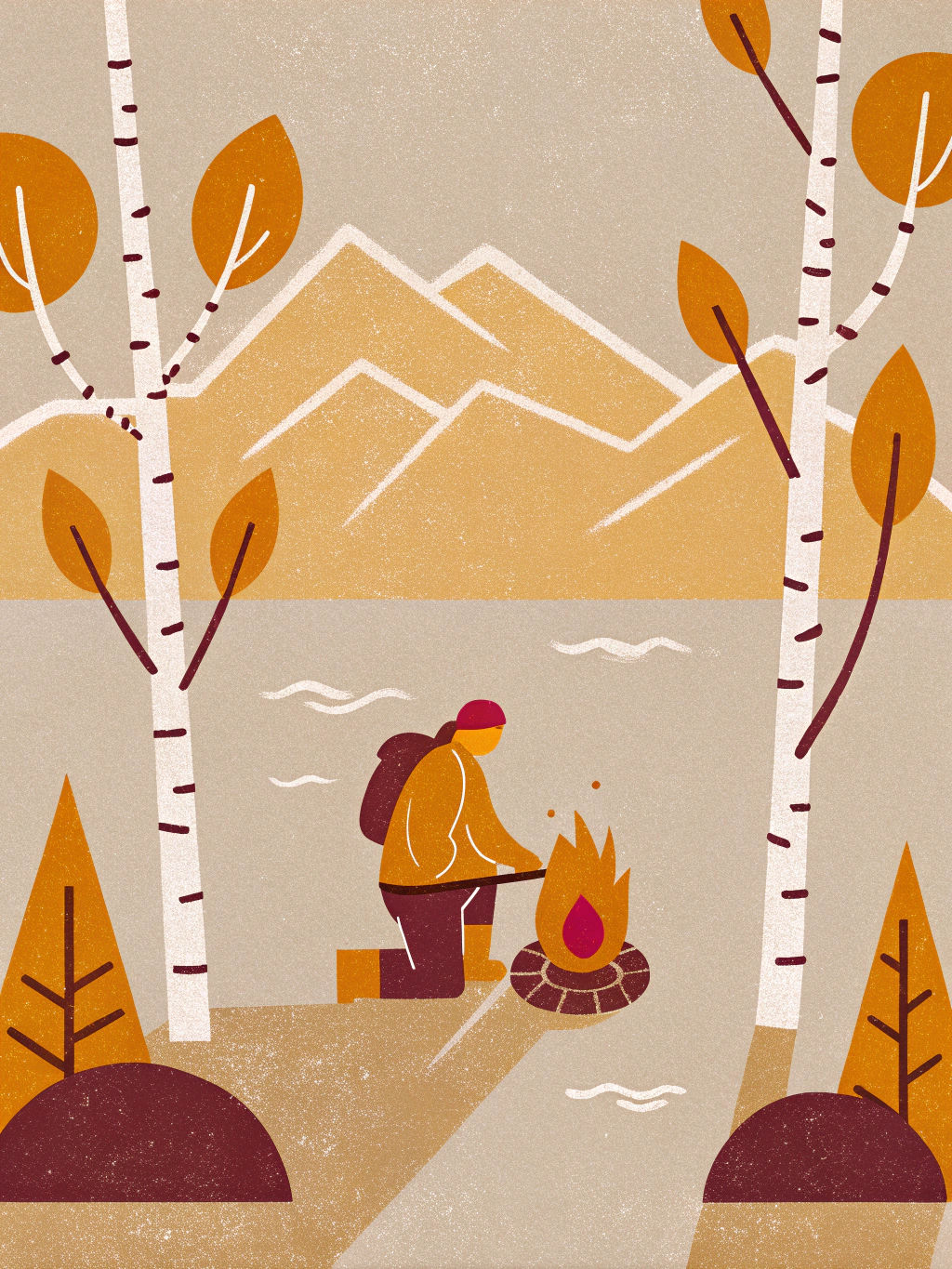 Surreal Autumn Landscape with Campfire