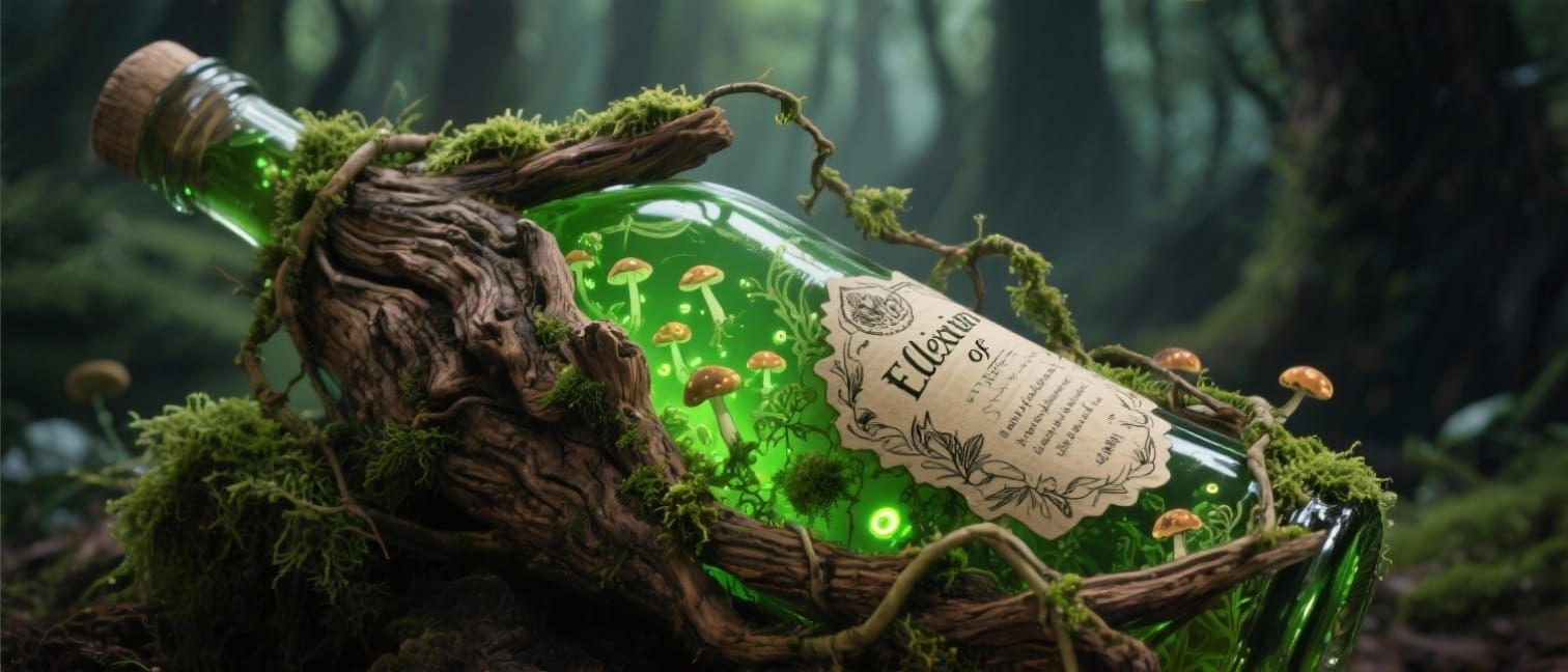 Mystical Forest Elixir Bottle with Glowing Fungi