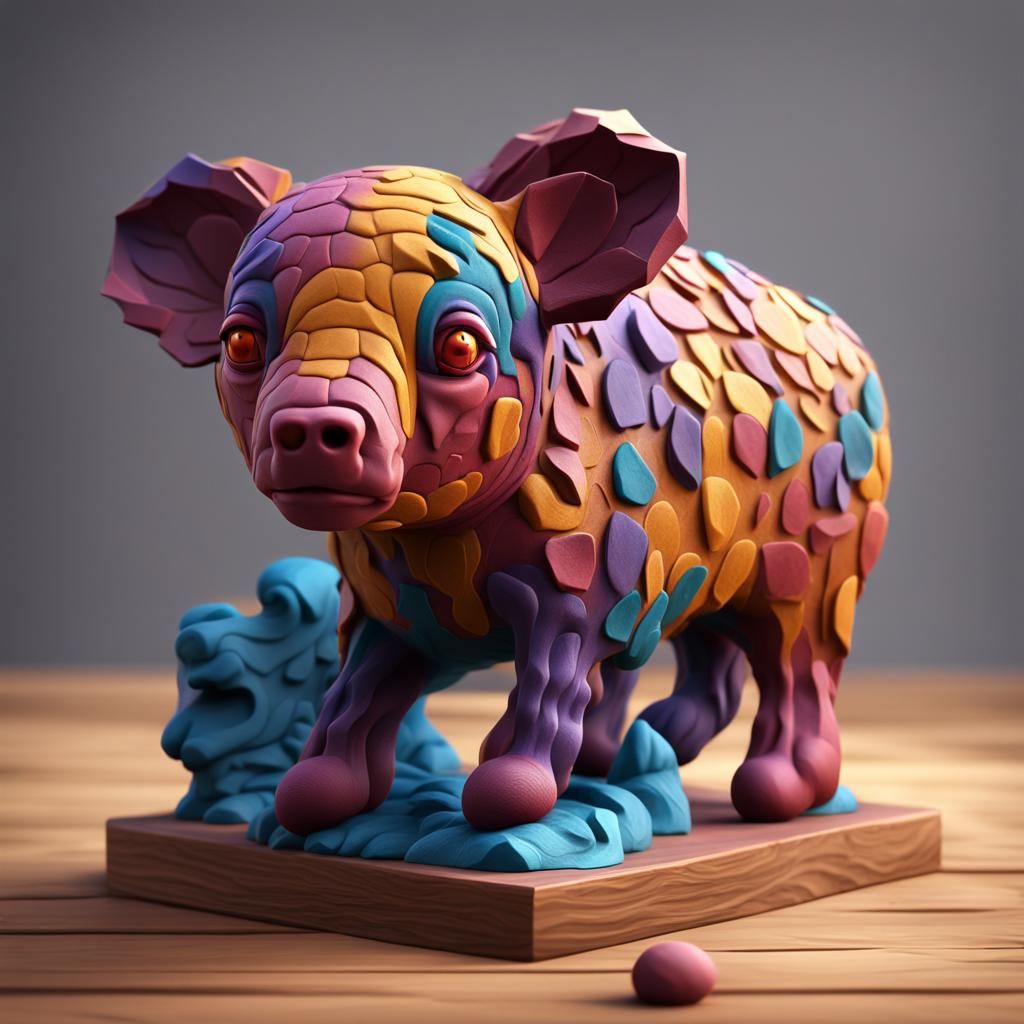 Colorful Plasticine Animal Figure on Wooden Cube