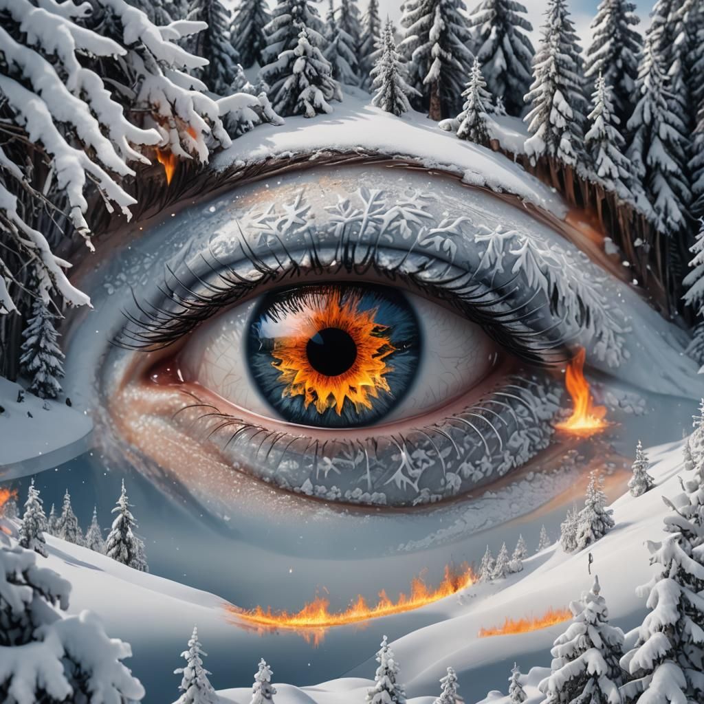 Fiery Eye Reflects Winter Mountain Scene