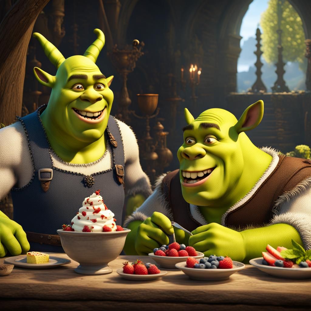 Shrek and Donkey Eating Parfaits: Fantasy Concept Art