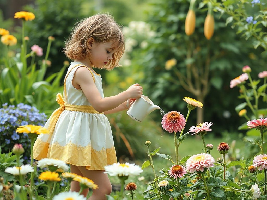 Girl Waters Flower in Garden, Beatrix Potter Style