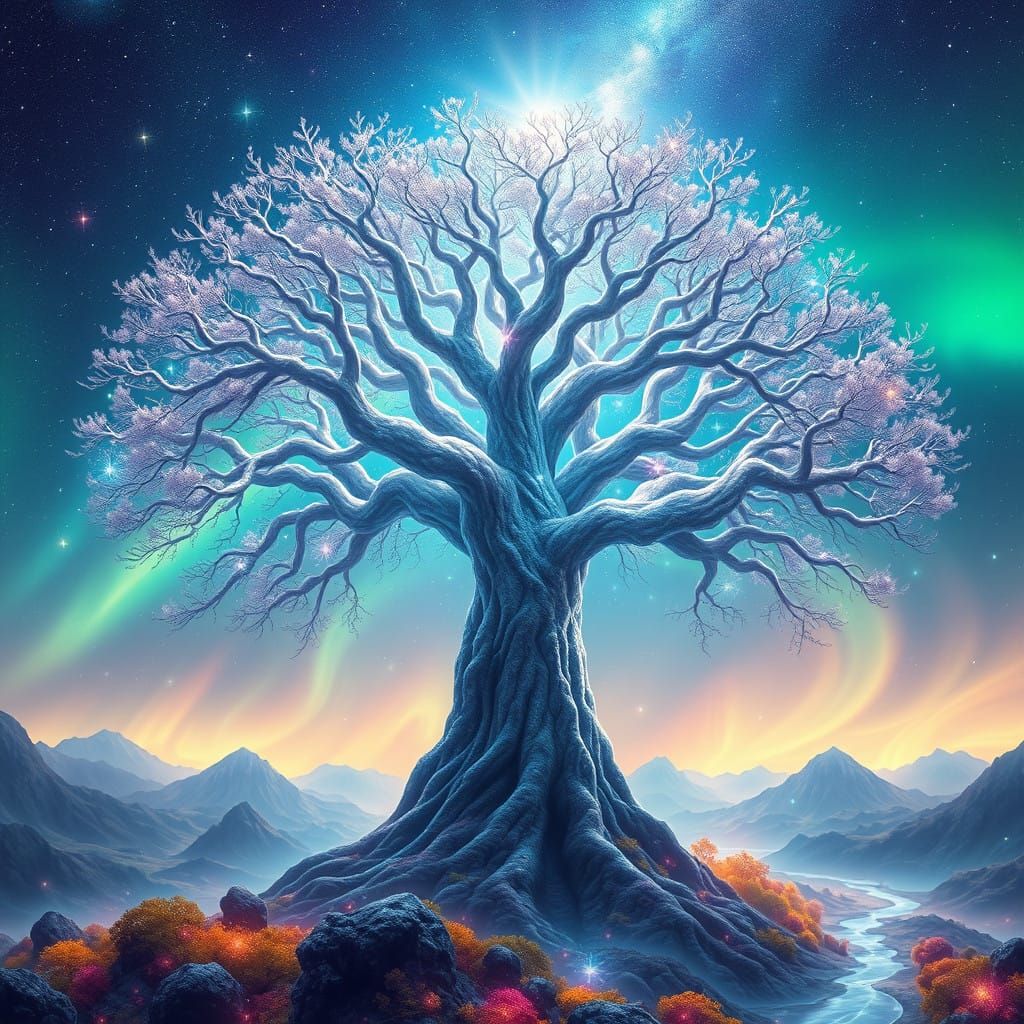 Cosmic Yggdrasil Tree Glows in Stardust Sky