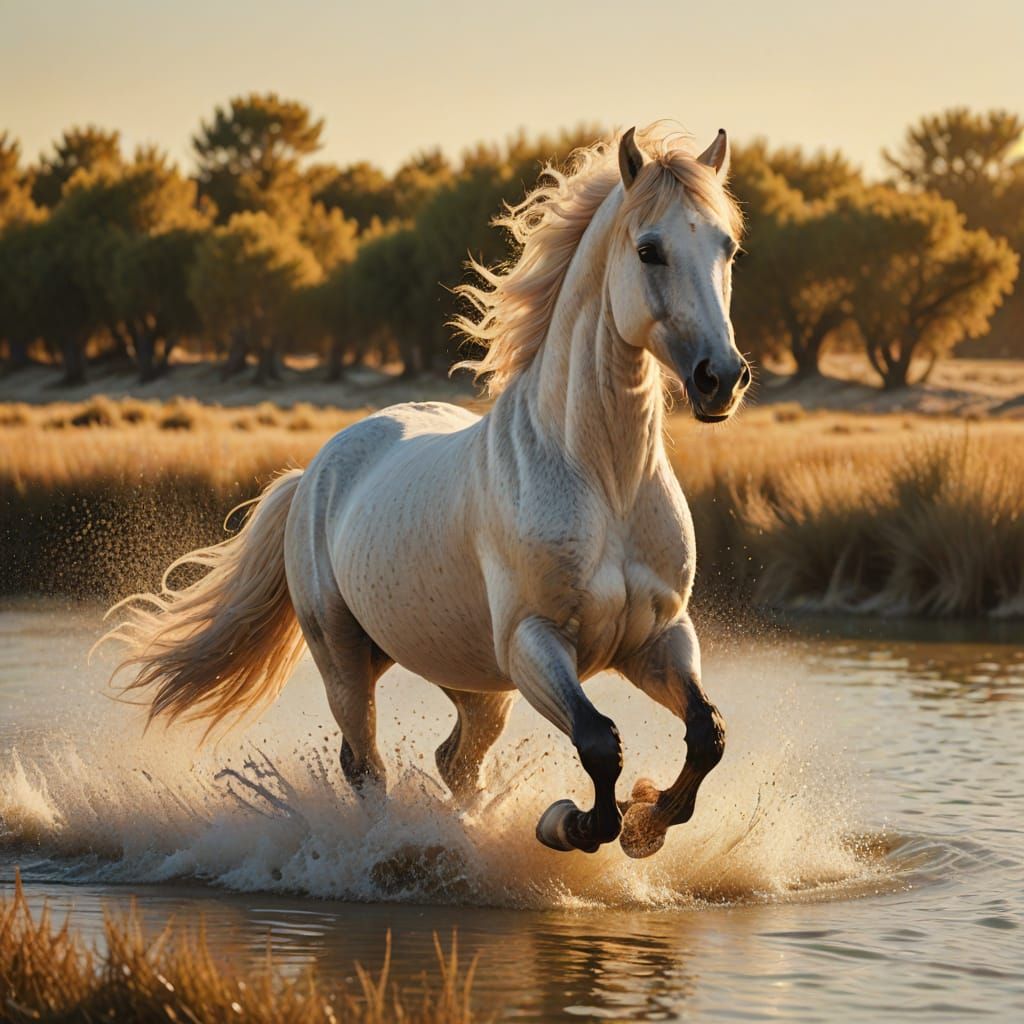 Camargue Horse Runs in Golden Light: Digital Art