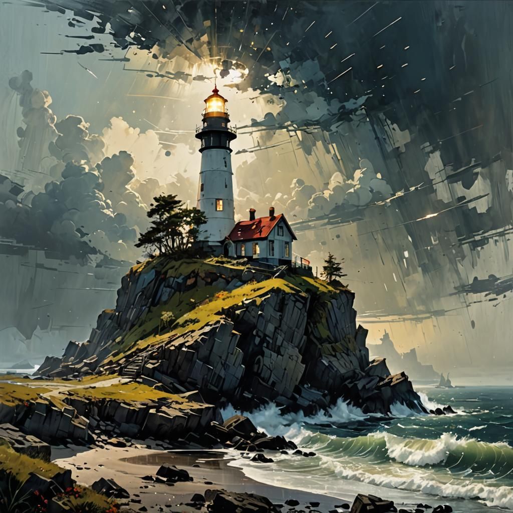 Dramatic Lighthouse on Rocky Island: Fine Art Painting