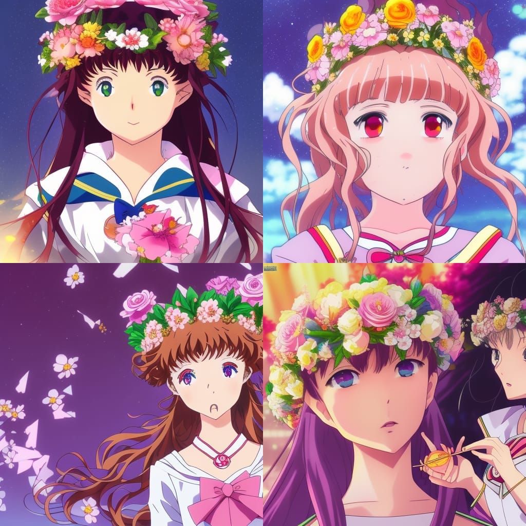 Anime Girl with Flower Crown in 2D Style