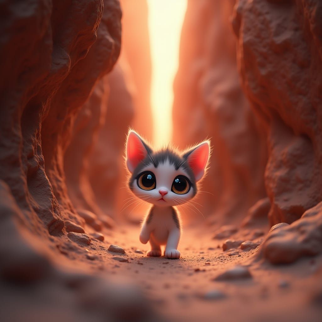 Inside a long rock gorge. No foilage 

 an adorable thin animated whimsical young kittens, large eyes, and delicate pink...
