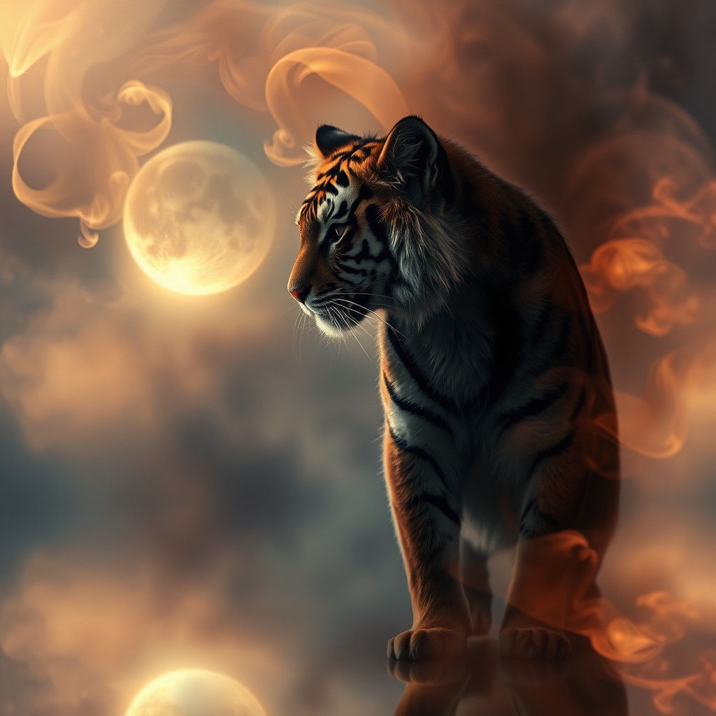 Cat to Tiger Transformation in Ethereal Double Exposure