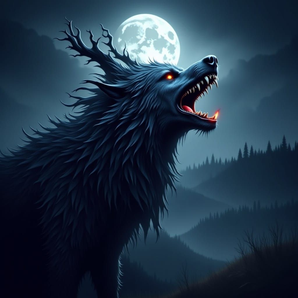Wolf Howling at Moon in Digital Painting Style