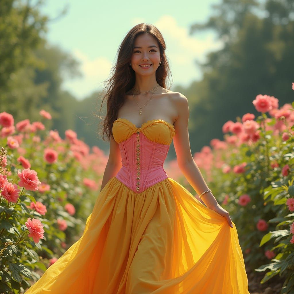 Elegant Woman in Corset Dress Strolling Through Garden