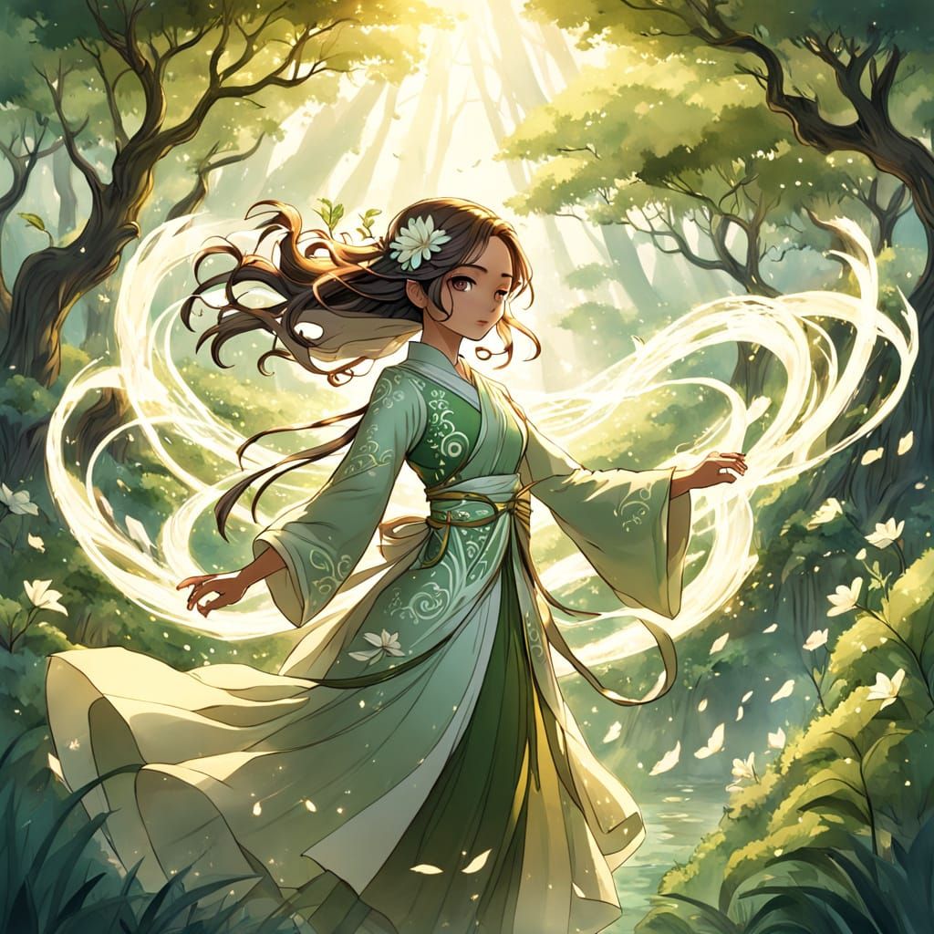 Ethereal Anime Girl Blends with Nature in Serene Landscape