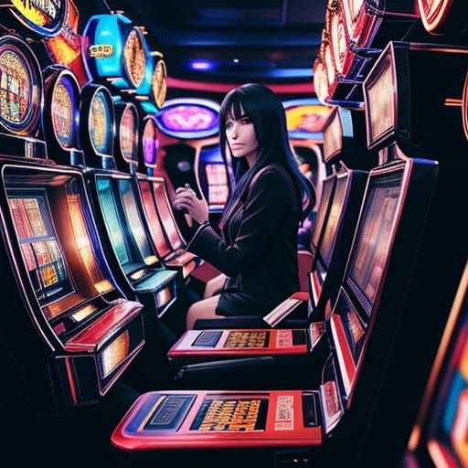 Anime Woman Anticipates Slot Machine Win in Neon Casino