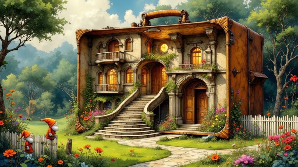 Gnome Home Inside Old Briefcase in Enchanting Forest Scene
