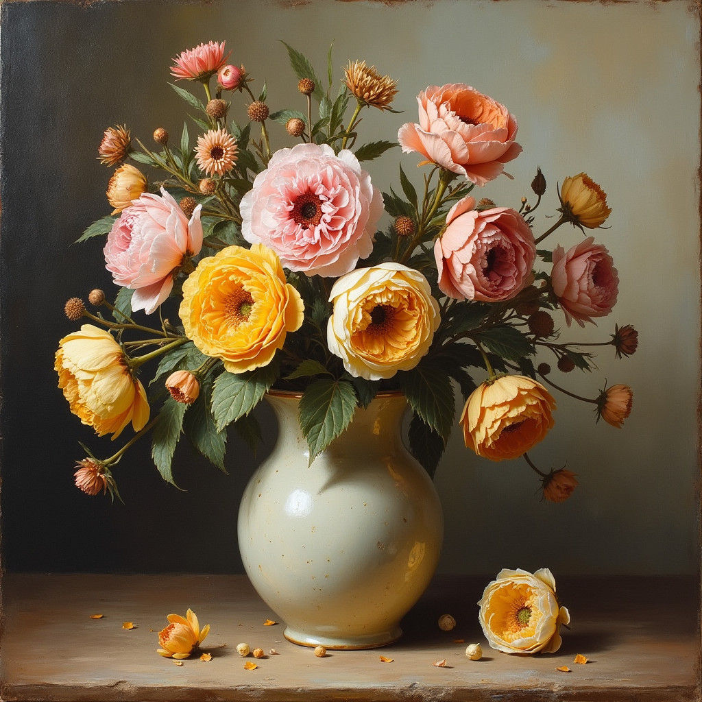 Floral Still Life in Impasto Oil Painting Style