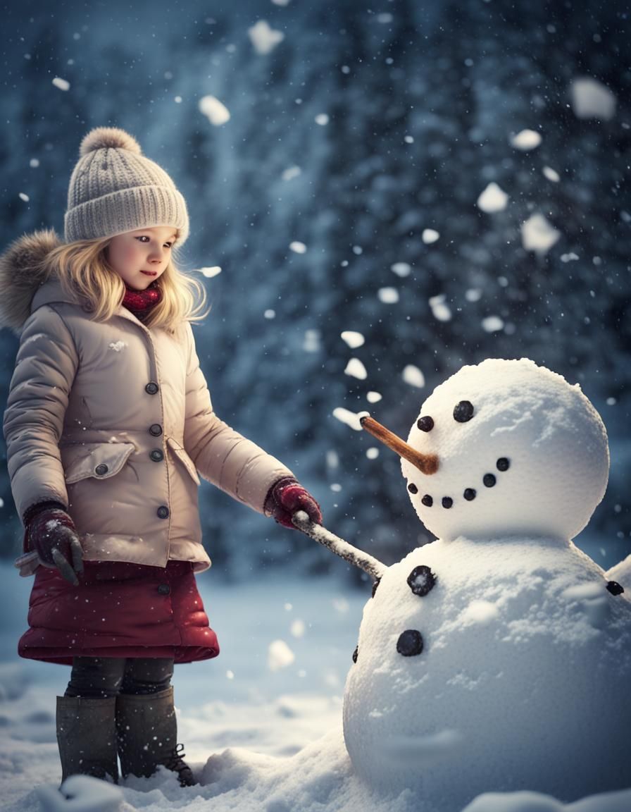 Girl Builds Snowman: Cinematic Digital Painting