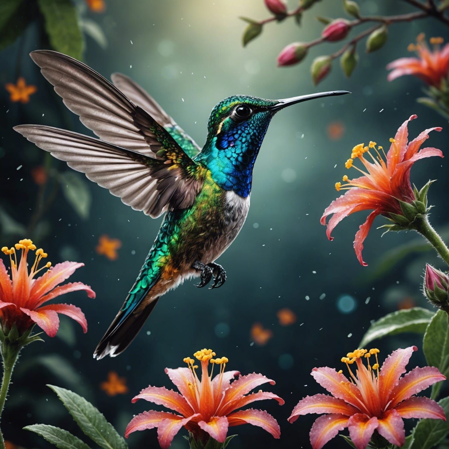 Shimmering Hummingbird in Hyperrealistic Floral Scene