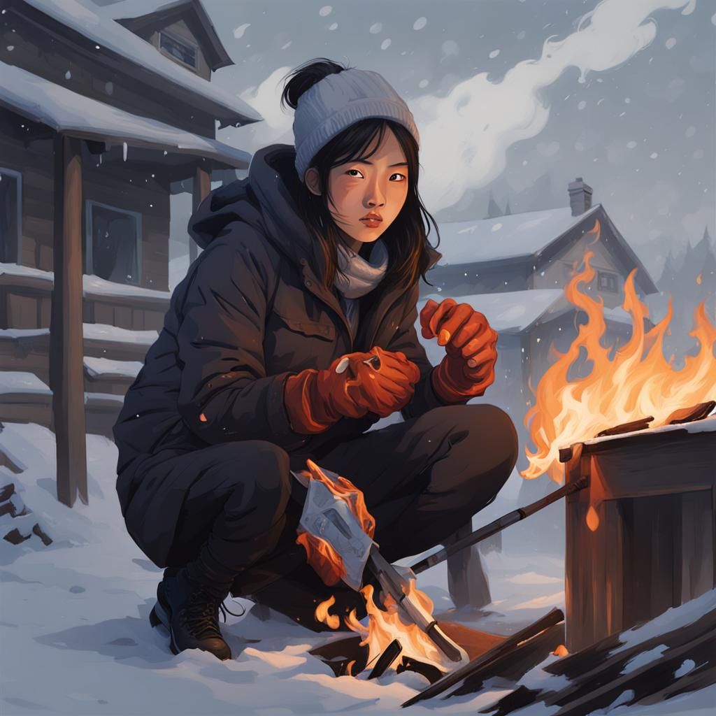 Teen Girl Burns Gloves in Snowy Field