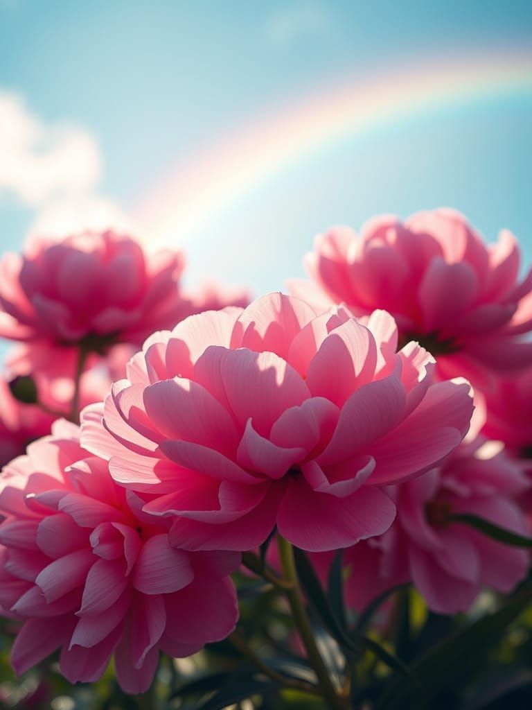 Vibrant Peonies Under a Rainbow Sky