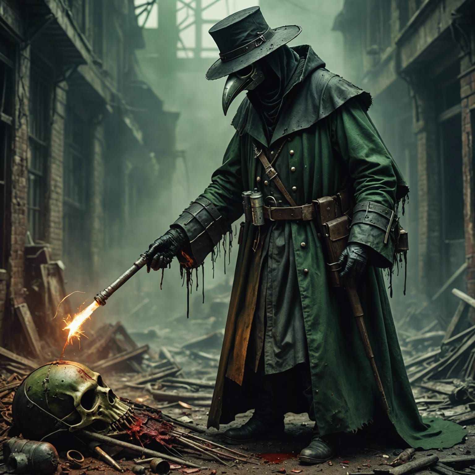 Ominous Plague Doctor Performing Surgery in Apocalyptic Sett...