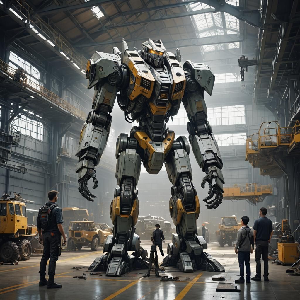 Pilot Inspects Futuristic Mecha Armor in Hangar