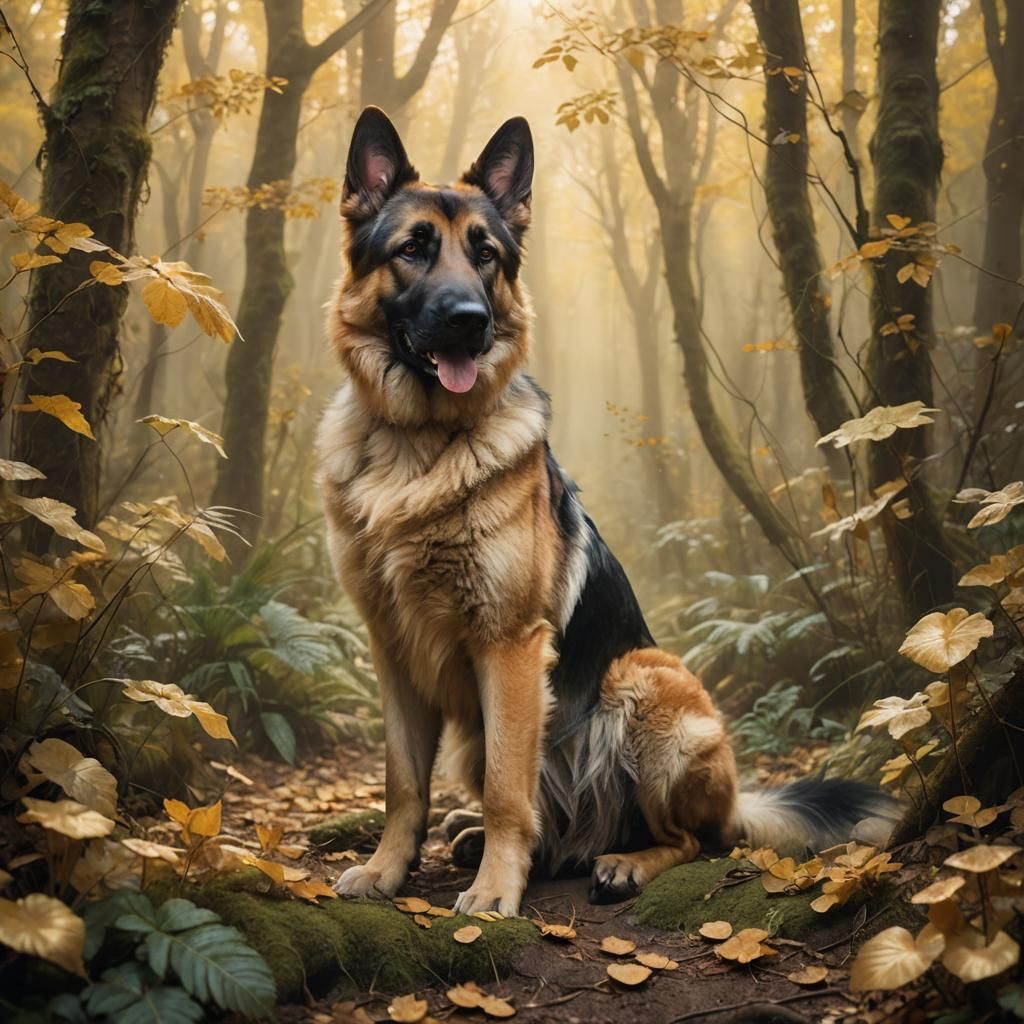 German Shepherd in Mystical Forest: Fantasy Art