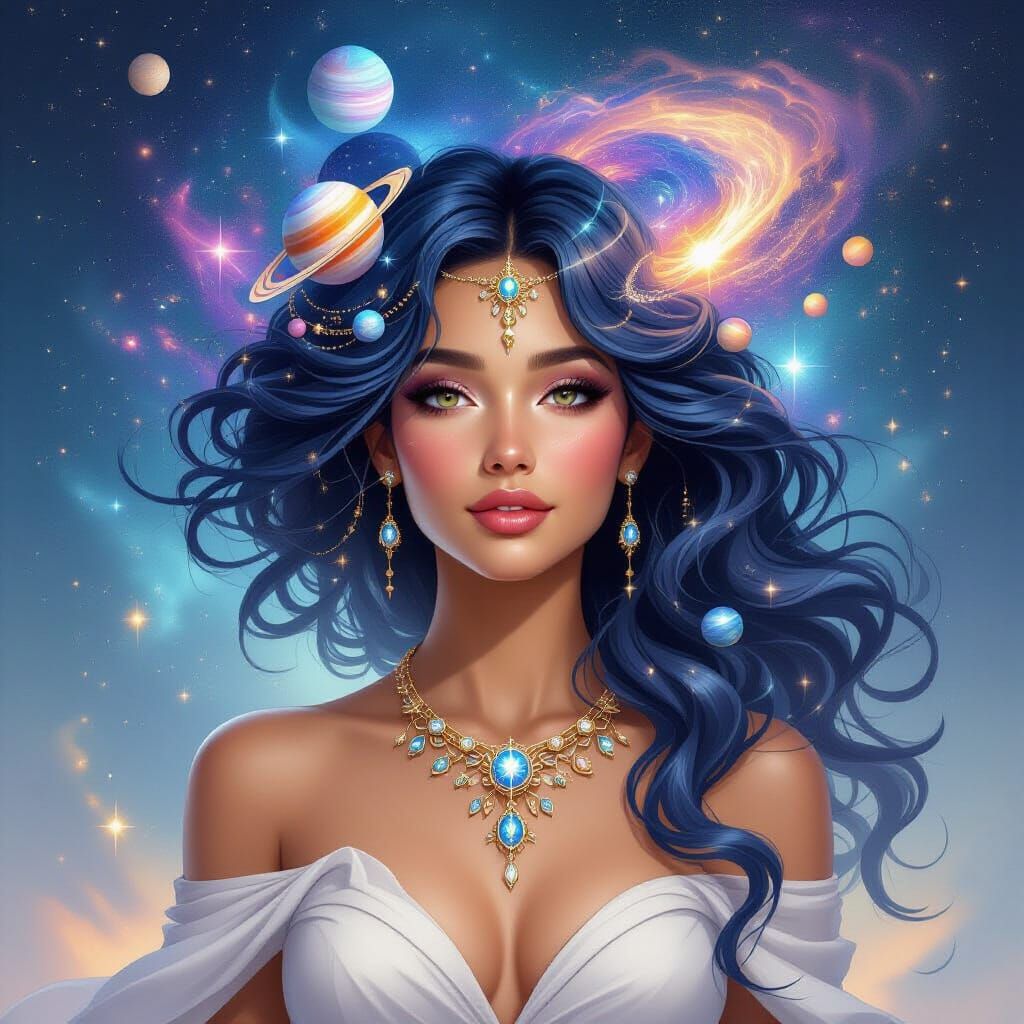 Cosmic Goddess with Indigo Hair and Celestial Adornments