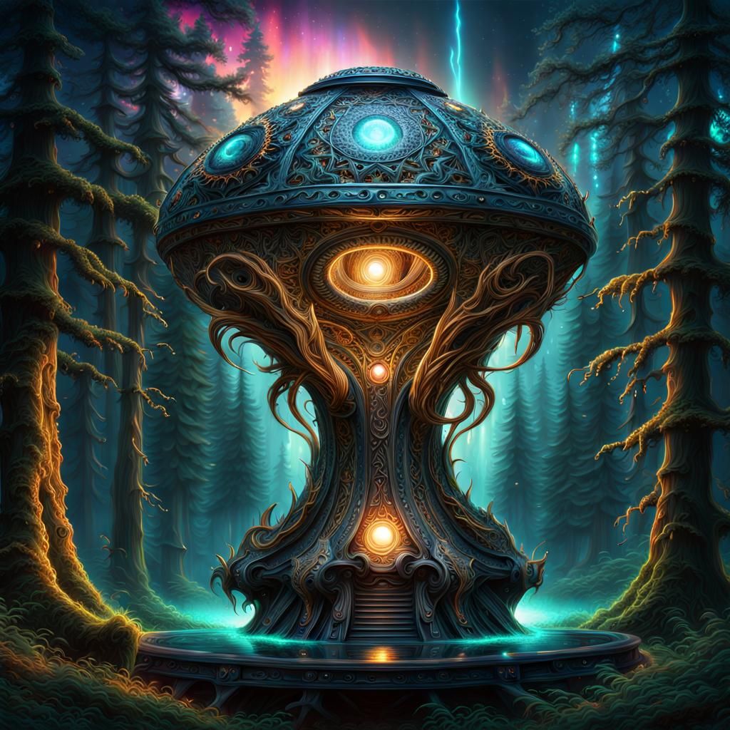 Mysterious Metal Artifact with Glowing Crystals