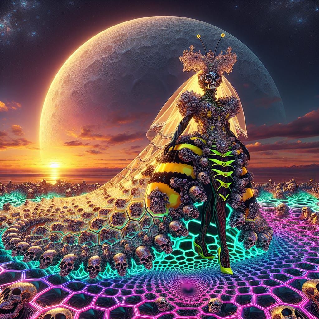 Queen Bee in Skulls with Neon Hat and Moon
