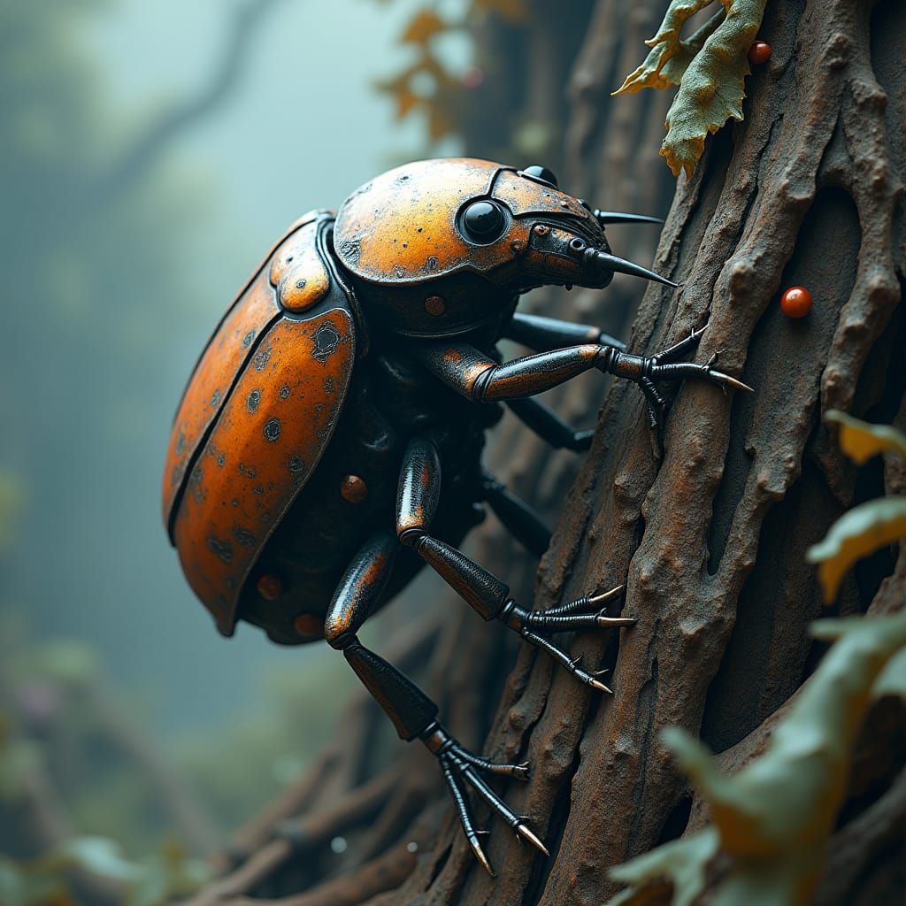 Armored Beetle Climbs Metallic Tree in Cyberpunk Style