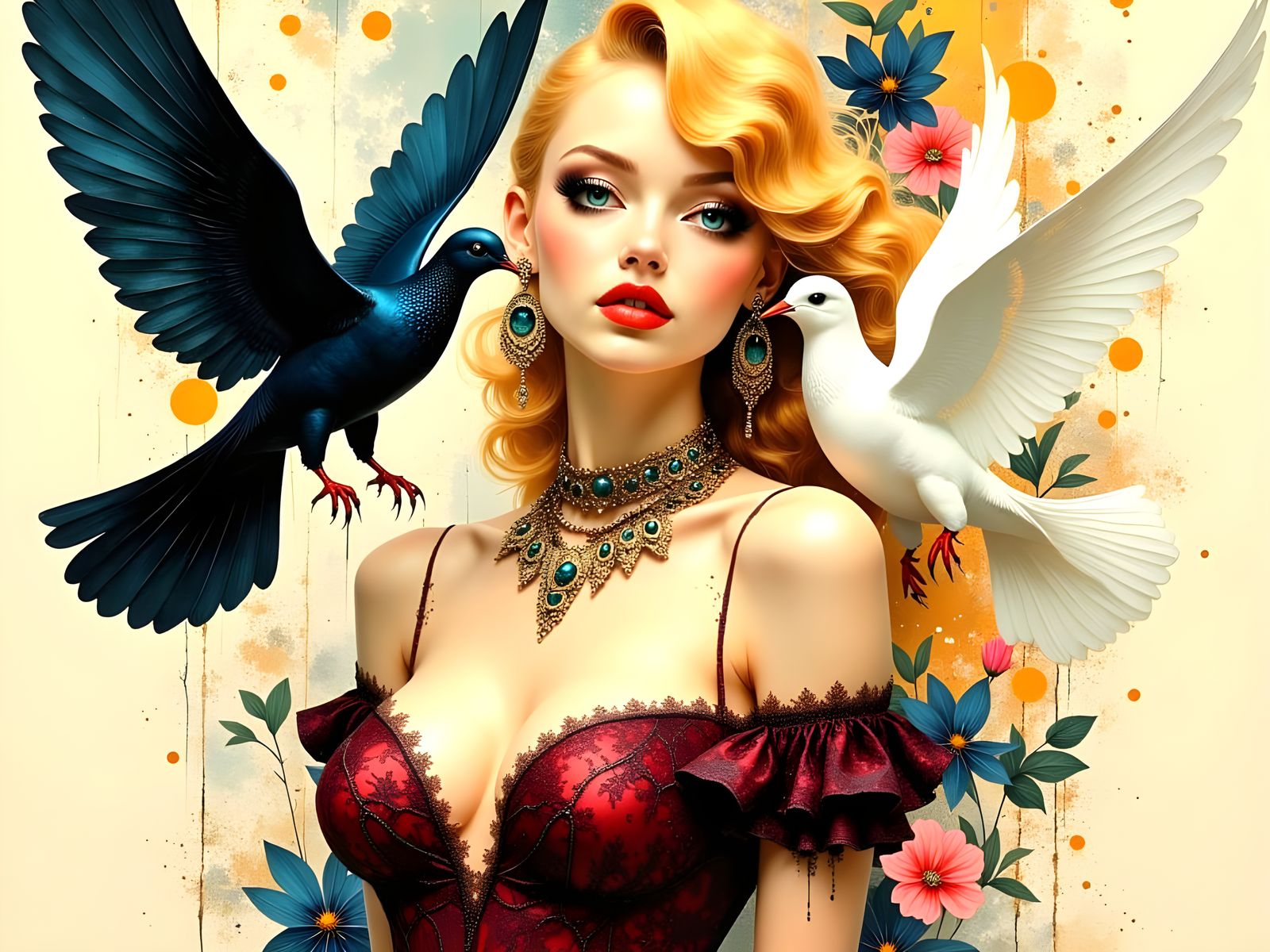 1980s Pin-Up with Doves in Mucha-Inspired Style