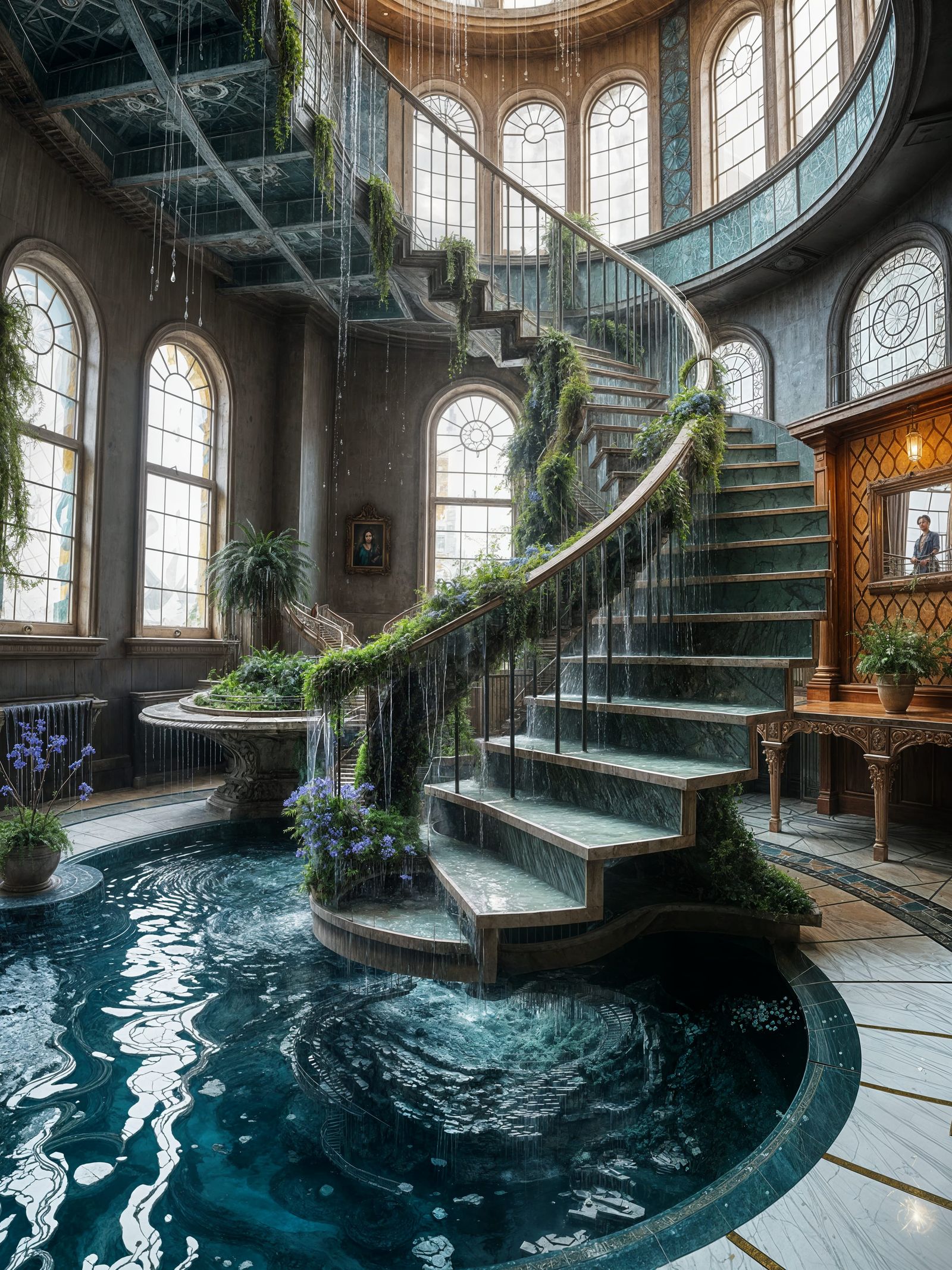 Surreal Waterfall Staircase in Post-Apocalyptic City