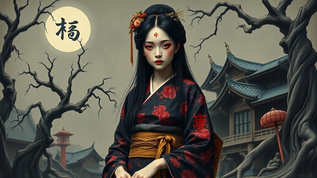 Macabre Geisha in Surreal Japanese Dreamscape