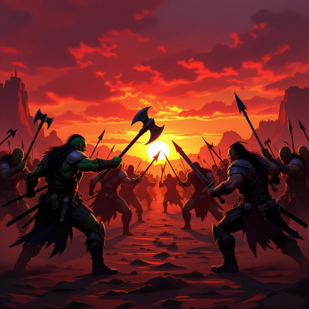Epic Orc Battle at Sunset: Realistic Fantasy Art