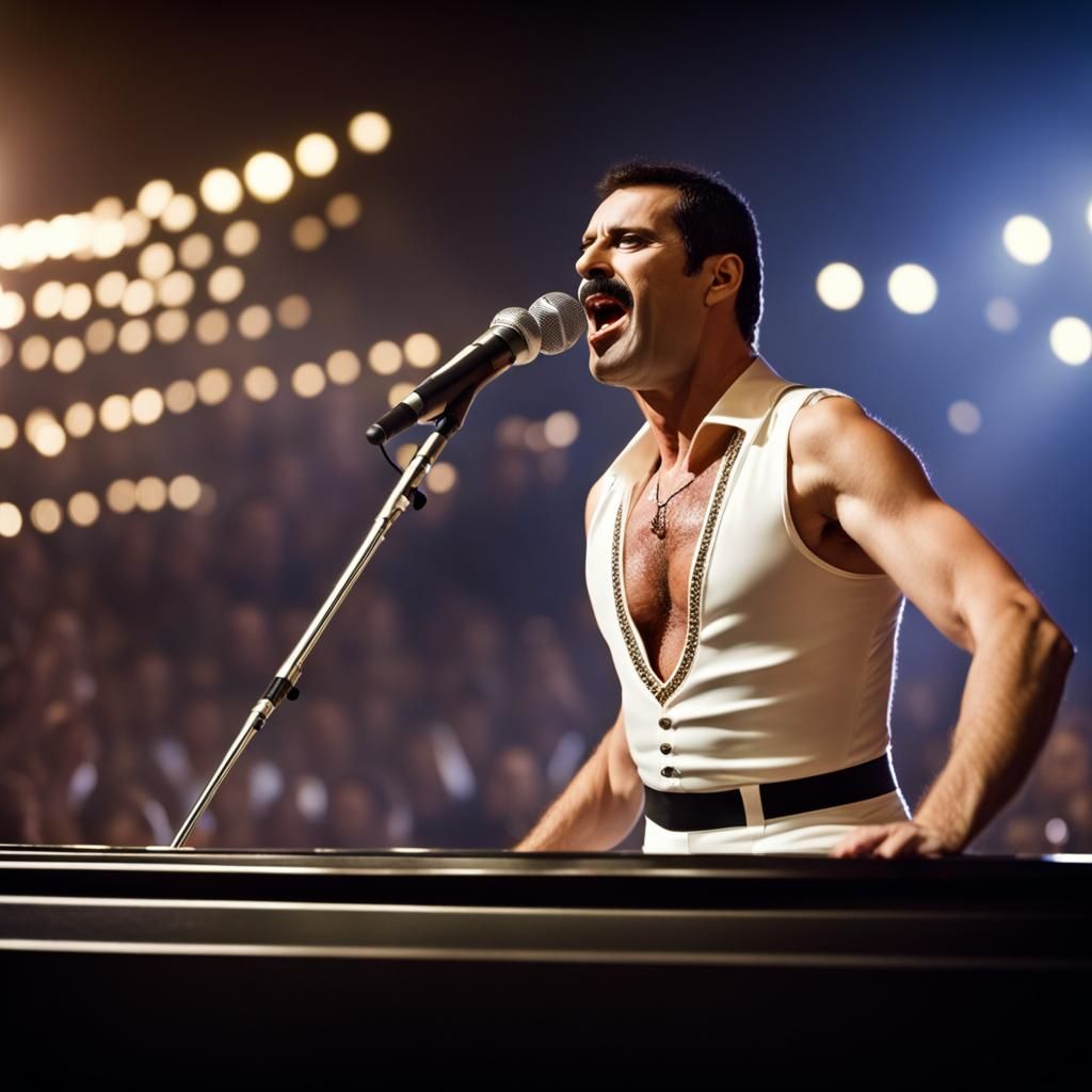 Singer on Piano in Front of Crowd