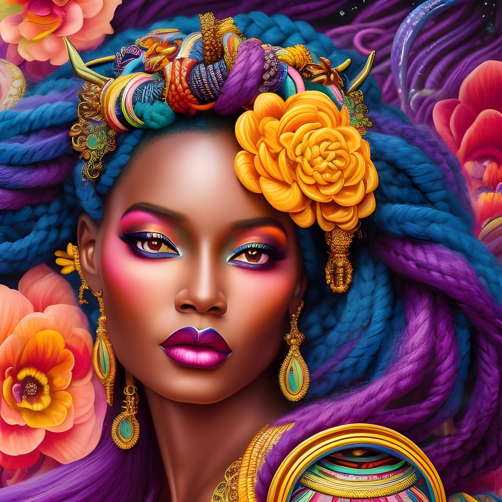 African Goddess Portrait with Yarn Braids