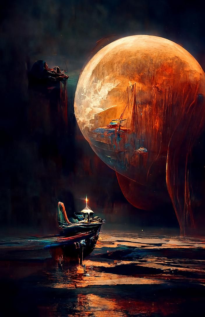 Boat on Dark Water Under Moonlit Sky